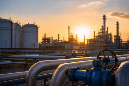 Estrutura industrial de gás natural com tubulações e tanques em área energética